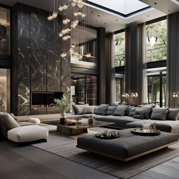 Luxury modern living room interior with marble walls, elegant chandelier lighting, large windows, and contemporary furniture design.